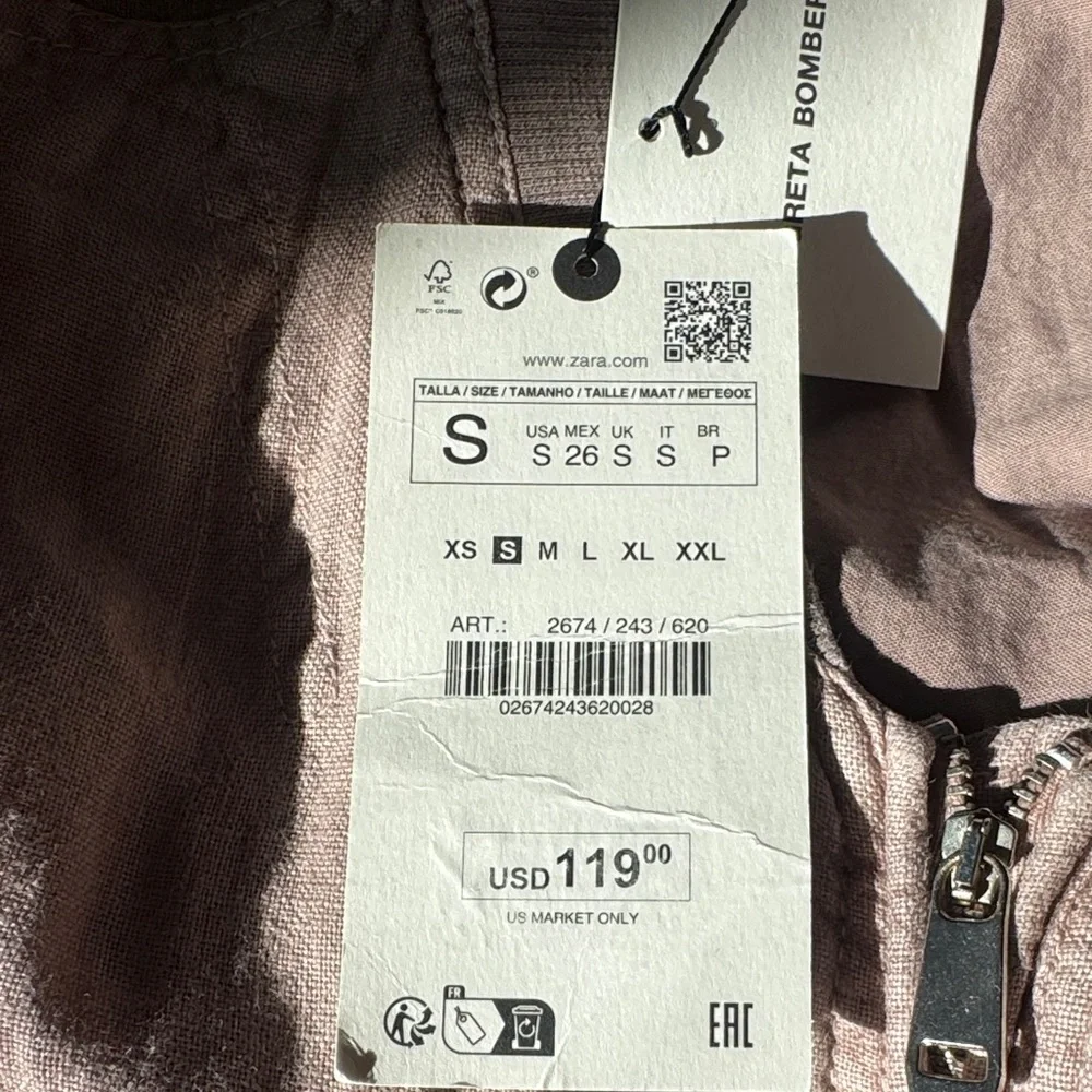 NWT Zara Greta Linen Bomber Jacket - size small - mauve/light pink - Picture 14 of 14